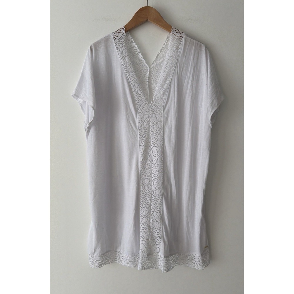 Roxy V-Neck Short Sleeve Swim Cover Up Size 1X* Crisp‎ White Lace Jersey Knit